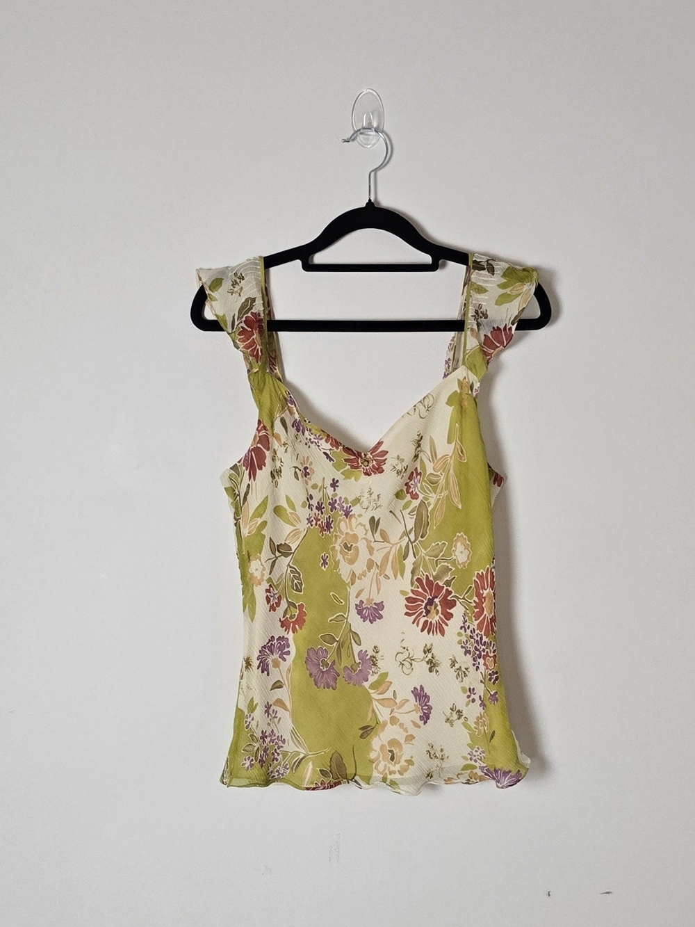 Vintage y2k Women’s Floral 100% Silk Camisole Top Green/Ivory Size 4 (fairycore)